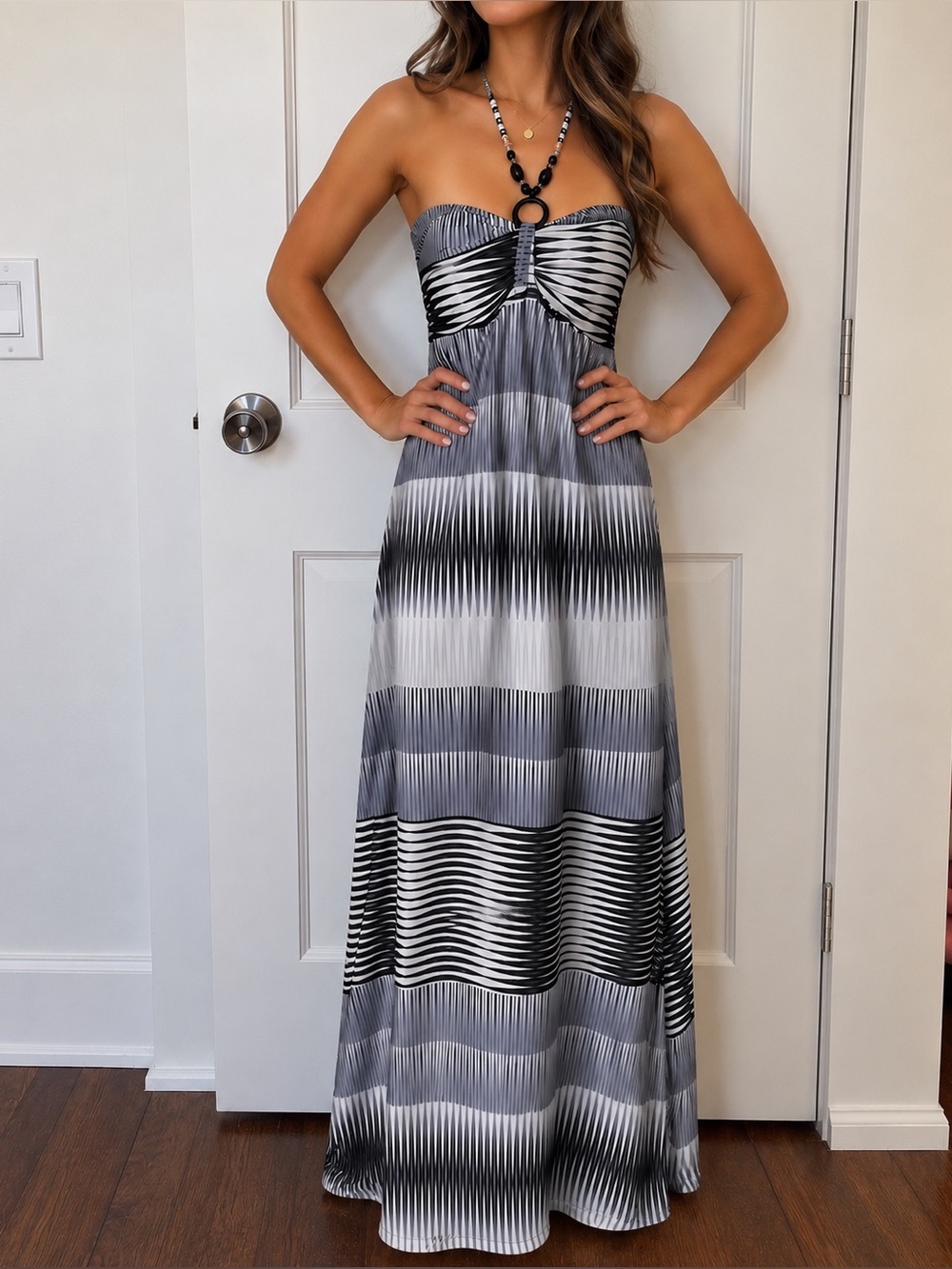 Black and White Strapless Maxi Dress with Ring Detail